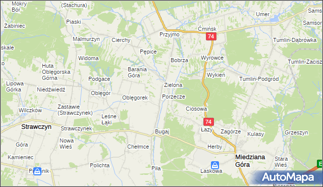 mapa Porzecze gmina Miedziana Góra, Porzecze gmina Miedziana Góra na mapie Targeo