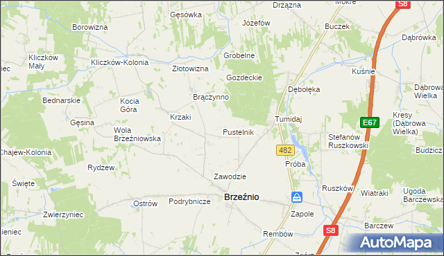 mapa Pustelnik gmina Brzeźnio, Pustelnik gmina Brzeźnio na mapie Targeo