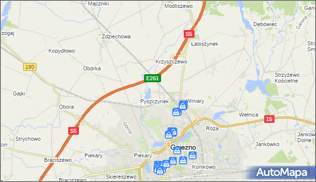 mapa Pyszczyn gmina Gniezno, Pyszczyn gmina Gniezno na mapie Targeo