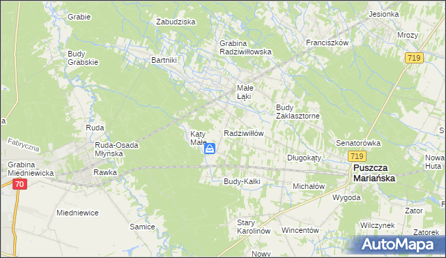 mapa Radziwiłłów gmina Puszcza Mariańska, Radziwiłłów gmina Puszcza Mariańska na mapie Targeo