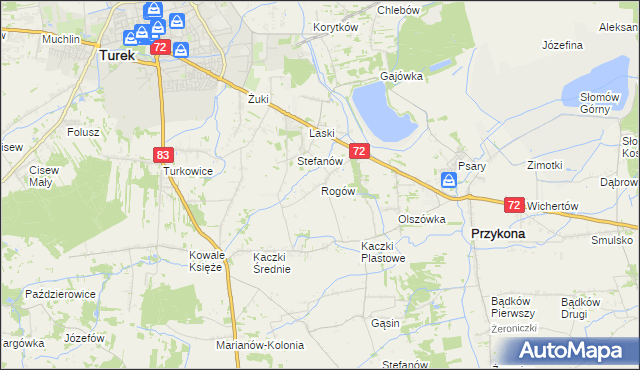 mapa Rogów gmina Przykona, Rogów gmina Przykona na mapie Targeo