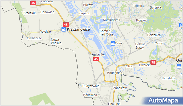 mapa Roszków gmina Krzyżanowice, Roszków gmina Krzyżanowice na mapie Targeo