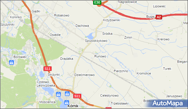mapa Runowo gmina Kórnik, Runowo gmina Kórnik na mapie Targeo