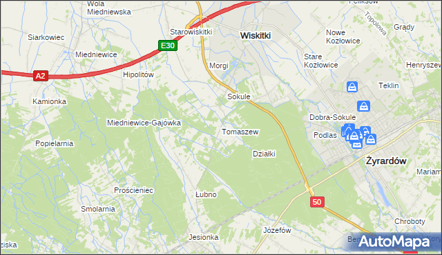 mapa Tomaszew gmina Wiskitki, Tomaszew gmina Wiskitki na mapie Targeo