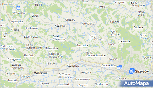 mapa Tułkowice gmina Wiśniowa, Tułkowice gmina Wiśniowa na mapie Targeo