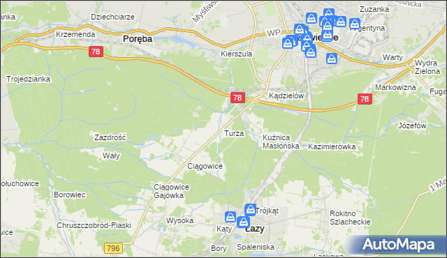 mapa Turza gmina Łazy, Turza gmina Łazy na mapie Targeo