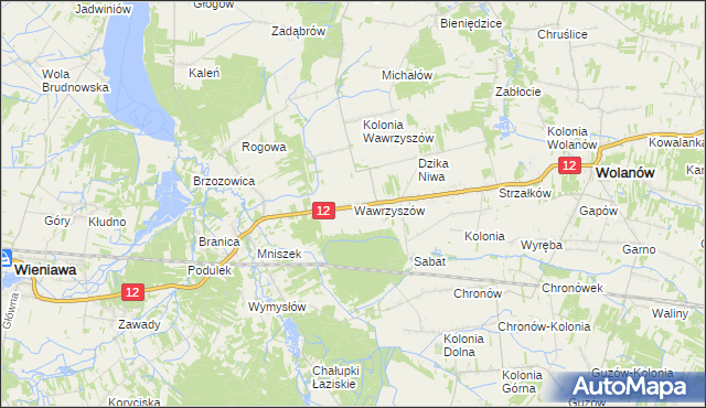 mapa Wawrzyszów gmina Wolanów, Wawrzyszów gmina Wolanów na mapie Targeo