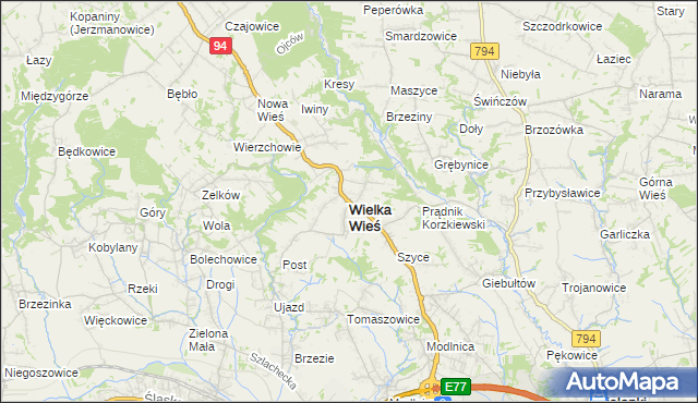 mapa Wielka Wieś powiat krakowski, Wielka Wieś powiat krakowski na mapie Targeo