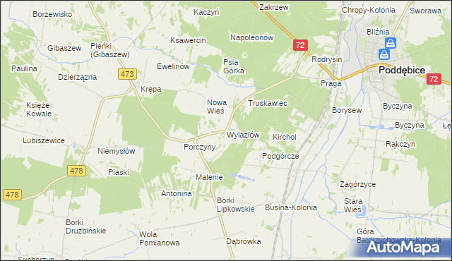 mapa Wylazłów gmina Poddębice, Wylazłów gmina Poddębice na mapie Targeo