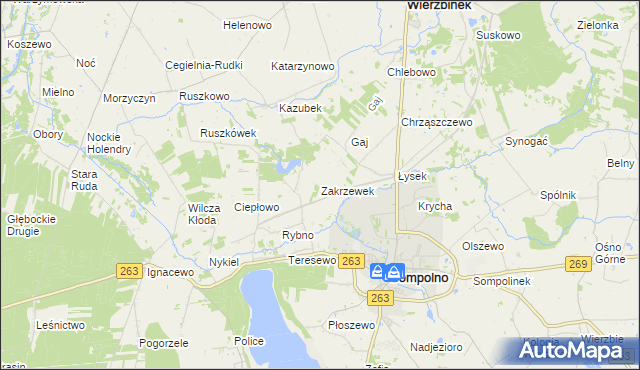 mapa Zakrzewek gmina Wierzbinek, Zakrzewek gmina Wierzbinek na mapie Targeo