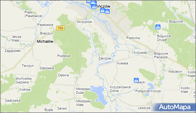 mapa Zakrzów gmina Pińczów, Zakrzów gmina Pińczów na mapie Targeo