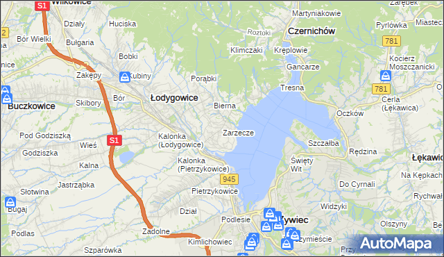 mapa Zarzecze gmina Łodygowice, Zarzecze gmina Łodygowice na mapie Targeo