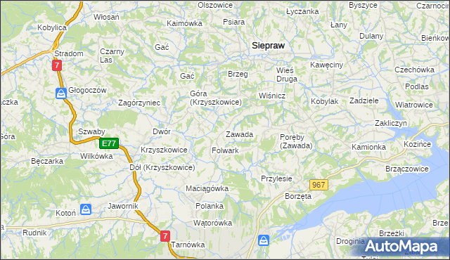 mapa Zawada gmina Myślenice, Zawada gmina Myślenice na mapie Targeo