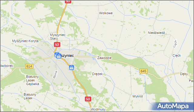 mapa Zawodzie gmina Myszyniec, Zawodzie gmina Myszyniec na mapie Targeo