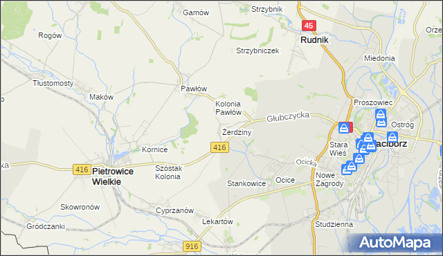 mapa Żerdziny gmina Pietrowice Wielkie, Żerdziny gmina Pietrowice Wielkie na mapie Targeo