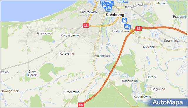 mapa Zieleniewo gmina Kołobrzeg, Zieleniewo gmina Kołobrzeg na mapie Targeo