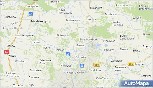 mapa Żuków gmina Sochaczew, Żuków gmina Sochaczew na mapie Targeo