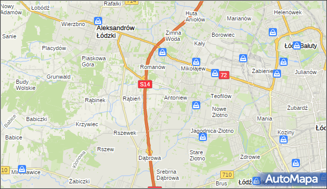 mapa Antoniew gmina Aleksandrów Łódzki, Antoniew gmina Aleksandrów Łódzki na mapie Targeo
