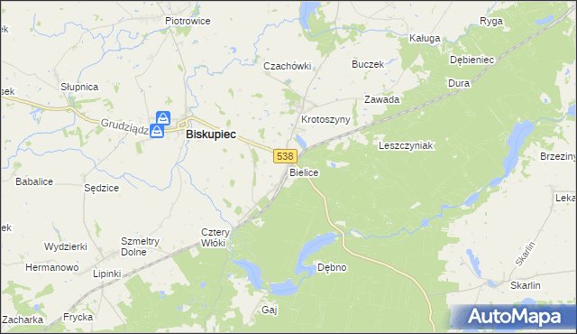 mapa Bielice gmina Biskupiec, Bielice gmina Biskupiec na mapie Targeo