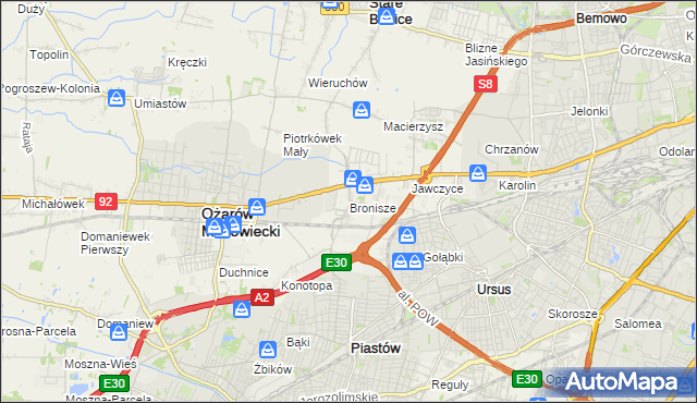 mapa Bronisze gmina Ożarów Mazowiecki, Bronisze gmina Ożarów Mazowiecki na mapie Targeo