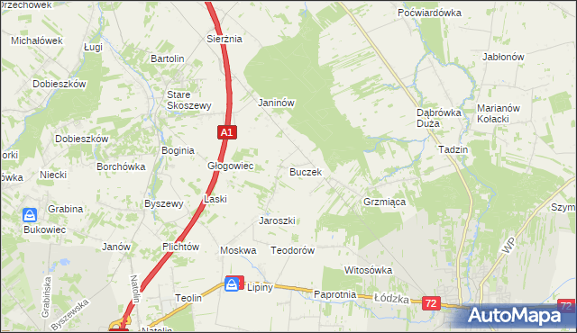 mapa Buczek gmina Brzeziny, Buczek gmina Brzeziny na mapie Targeo