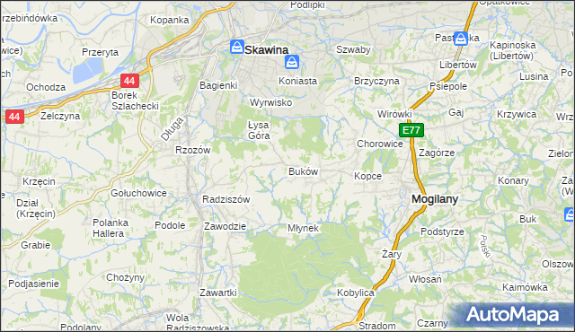 mapa Buków gmina Mogilany, Buków gmina Mogilany na mapie Targeo
