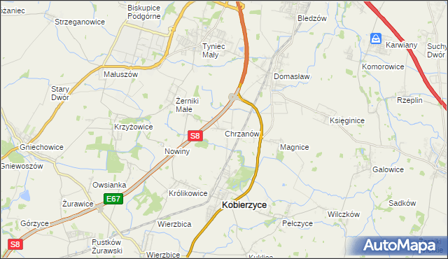 mapa Chrzanów gmina Kobierzyce, Chrzanów gmina Kobierzyce na mapie Targeo
