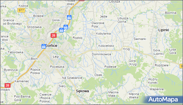 mapa Dominikowice gmina Gorlice, Dominikowice gmina Gorlice na mapie Targeo