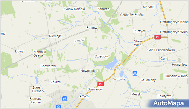 mapa Dzięcioły gmina Łosice, Dzięcioły gmina Łosice na mapie Targeo