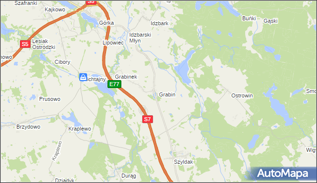 mapa Grabin gmina Ostróda, Grabin gmina Ostróda na mapie Targeo