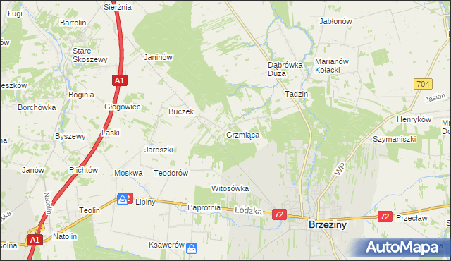 mapa Grzmiąca gmina Brzeziny, Grzmiąca gmina Brzeziny na mapie Targeo