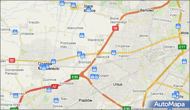 mapa Jawczyce gmina Ożarów Mazowiecki, Jawczyce gmina Ożarów Mazowiecki na mapie Targeo