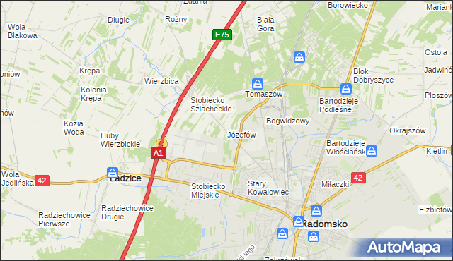 mapa Józefów gmina Ładzice, Józefów gmina Ładzice na mapie Targeo