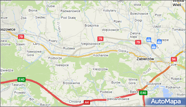 mapa Kochanów gmina Zabierzów, Kochanów gmina Zabierzów na mapie Targeo