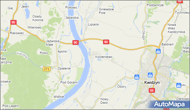 mapa Korzeniewo gmina Kwidzyn, Korzeniewo gmina Kwidzyn na mapie Targeo