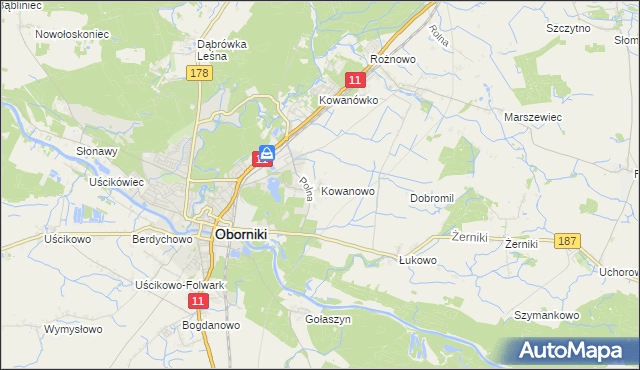 mapa Kowanowo gmina Oborniki, Kowanowo gmina Oborniki na mapie Targeo