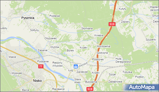 mapa Krzaki gmina Pysznica, Krzaki gmina Pysznica na mapie Targeo