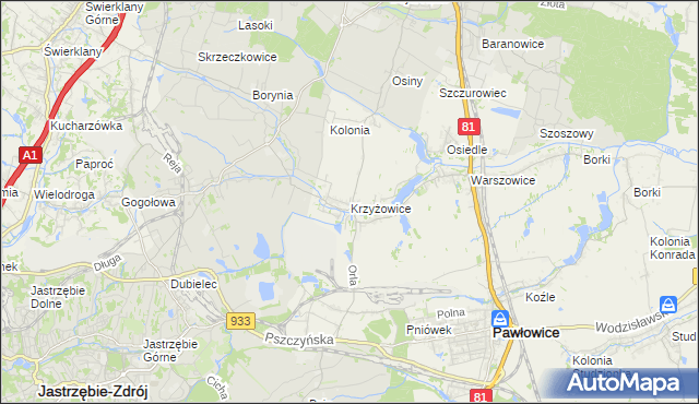 mapa Krzyżowice gmina Pawłowice, Krzyżowice gmina Pawłowice na mapie Targeo