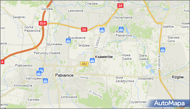 mapa Ksawerów powiat pabianicki, Ksawerów powiat pabianicki na mapie Targeo