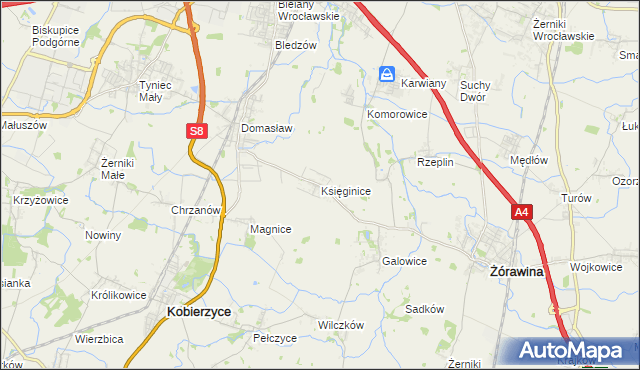 mapa Księginice gmina Kobierzyce, Księginice gmina Kobierzyce na mapie Targeo