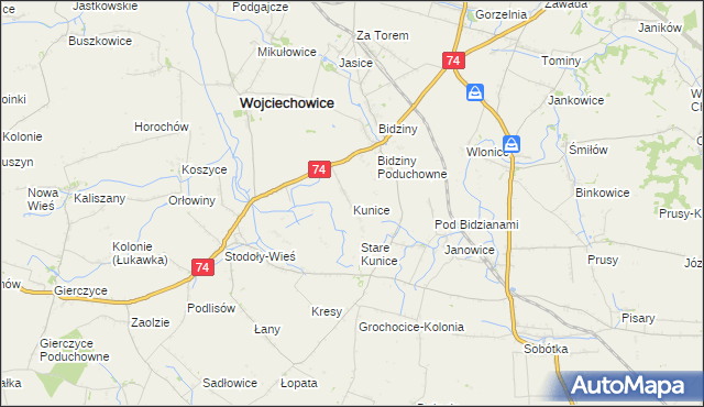 mapa Kunice gmina Wojciechowice, Kunice gmina Wojciechowice na mapie Targeo