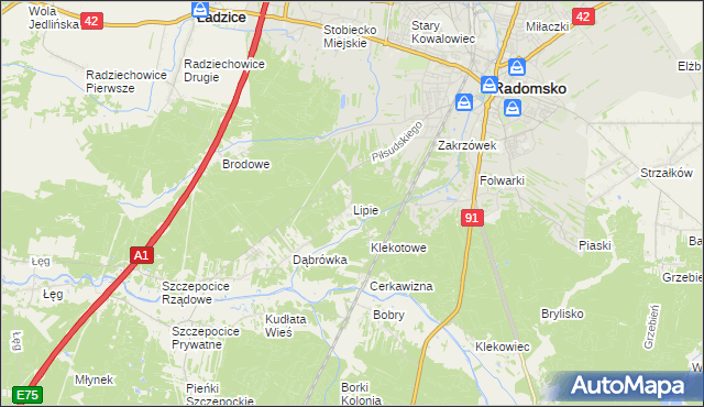 mapa Lipie gmina Radomsko, Lipie gmina Radomsko na mapie Targeo