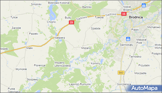 mapa Mszano gmina Brodnica, Mszano gmina Brodnica na mapie Targeo