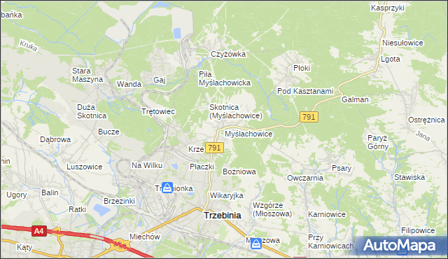 mapa Myślachowice, Myślachowice na mapie Targeo