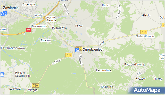 mapa Ogrodzieniec powiat zawierciański, Ogrodzieniec powiat zawierciański na mapie Targeo