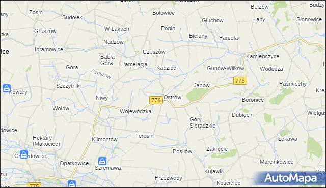 mapa Ostrów gmina Proszowice, Ostrów gmina Proszowice na mapie Targeo