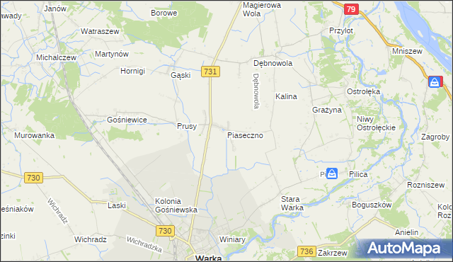 mapa Piaseczno gmina Warka, Piaseczno gmina Warka na mapie Targeo
