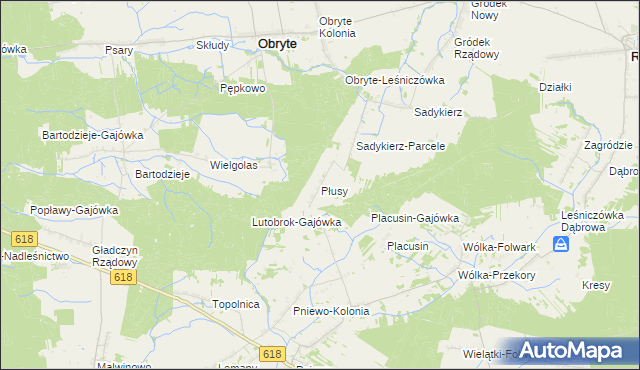 mapa Płusy gmina Obryte, Płusy gmina Obryte na mapie Targeo