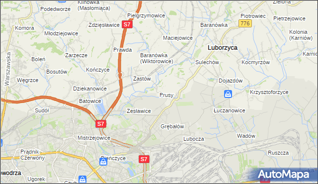 mapa Prusy gmina Kocmyrzów-Luborzyca, Prusy gmina Kocmyrzów-Luborzyca na mapie Targeo