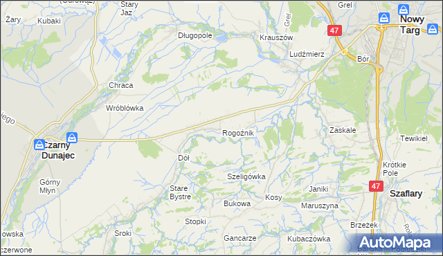 mapa Rogoźnik gmina Nowy Targ, Rogoźnik gmina Nowy Targ na mapie Targeo